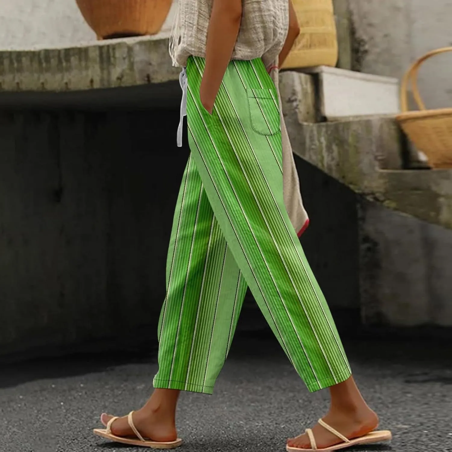 Linen Pants for Women Vacation Drawstring Casual Work Pants Solid Summer Trousers Lounge Fashion with Pockets Outfit