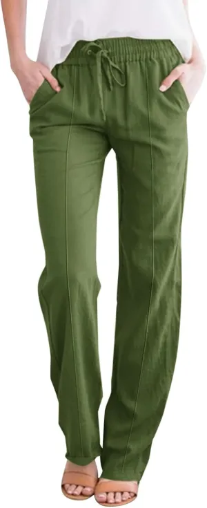Linen Pants Women Plus Size Breathable Lightweight Cotton Straight Leg Pants Loose Fit Casual Summer Beach Trouser