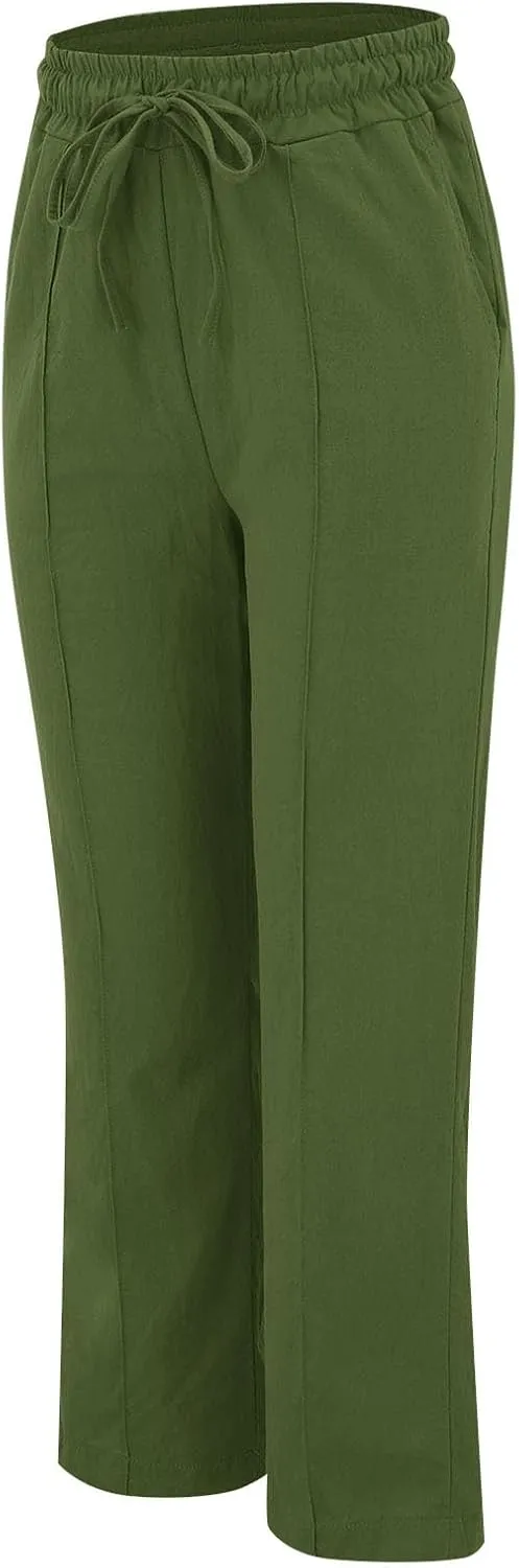 Linen Pants Women Plus Size Breathable Lightweight Cotton Straight Leg Pants Loose Fit Casual Summer Beach Trouser