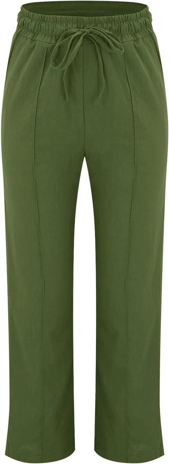 Linen Pants Women Plus Size Breathable Lightweight Cotton Straight Leg Pants Loose Fit Casual Summer Beach Trouser