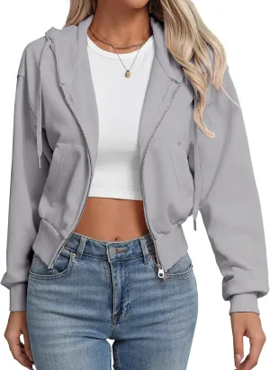 Lmbabter Women Short Zip-up Hoodie Cropped Sweatshirts Jackets Casual Hooded Athletic Sweatshirts Cotton Fleece Fall Outfits