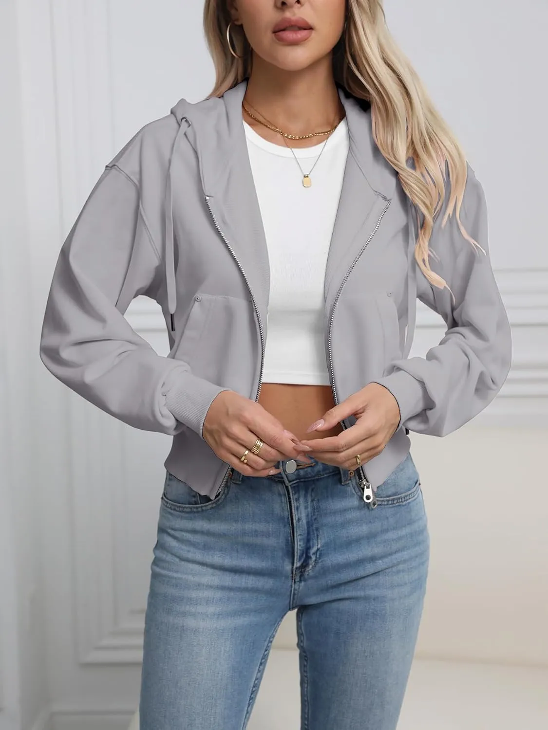 Lmbabter Women Short Zip-up Hoodie Cropped Sweatshirts Jackets Casual Hooded Athletic Sweatshirts Cotton Fleece Fall Outfits