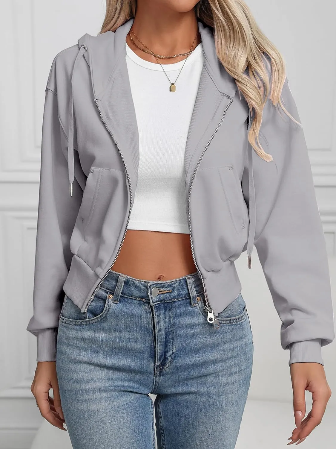 Lmbabter Women Short Zip-up Hoodie Cropped Sweatshirts Jackets Casual Hooded Athletic Sweatshirts Cotton Fleece Fall Outfits