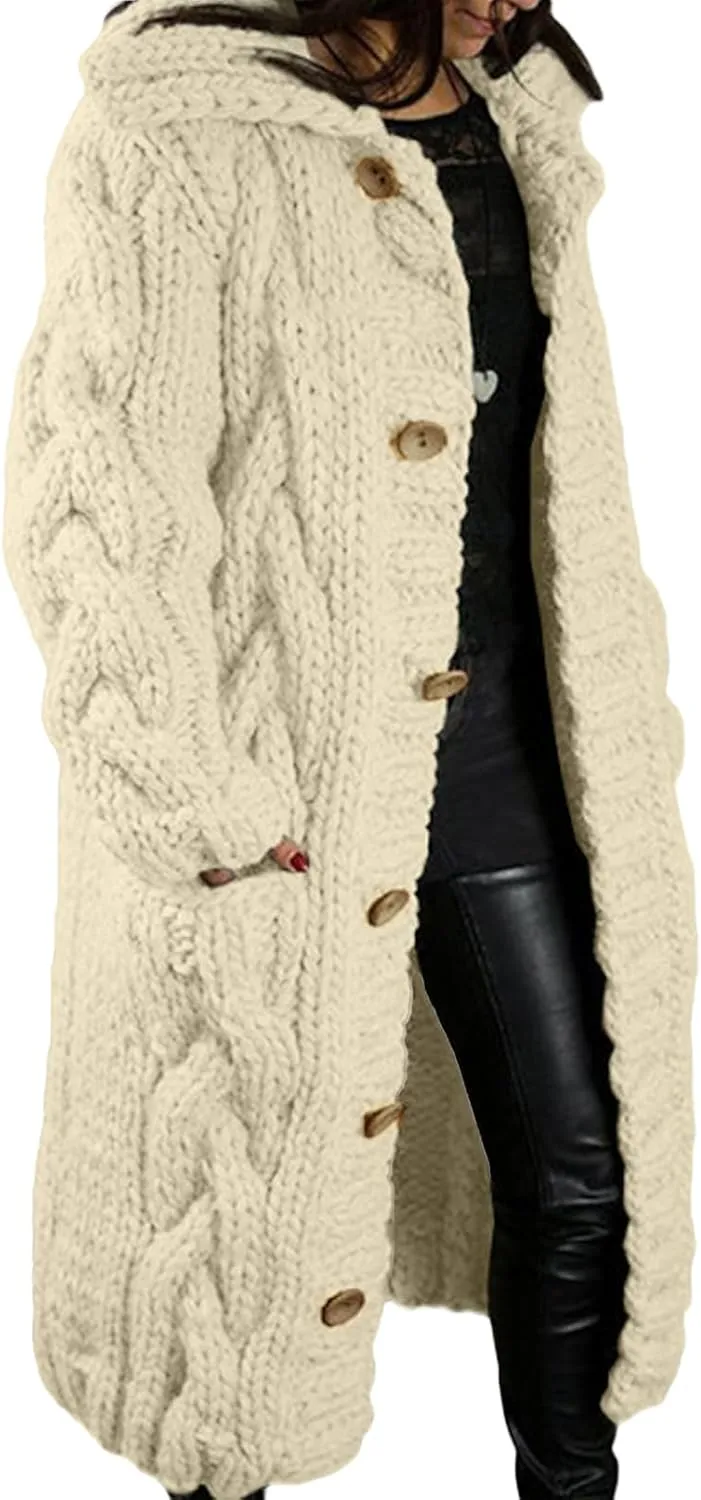Long Cardigan Sweaters for Womens Fall Cable Knit Casual Coats Long Sleeve Button Open Front Winter Plus Size Sweater