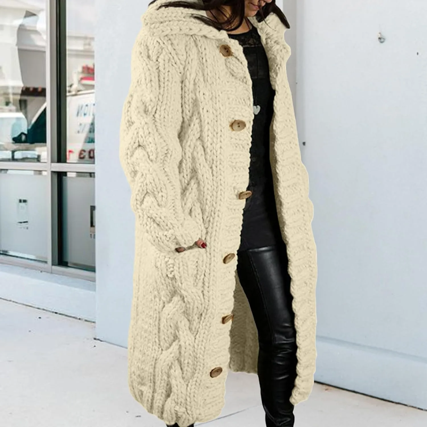 Long Cardigan Sweaters for Womens Fall Cable Knit Casual Coats Long Sleeve Button Open Front Winter Plus Size Sweater