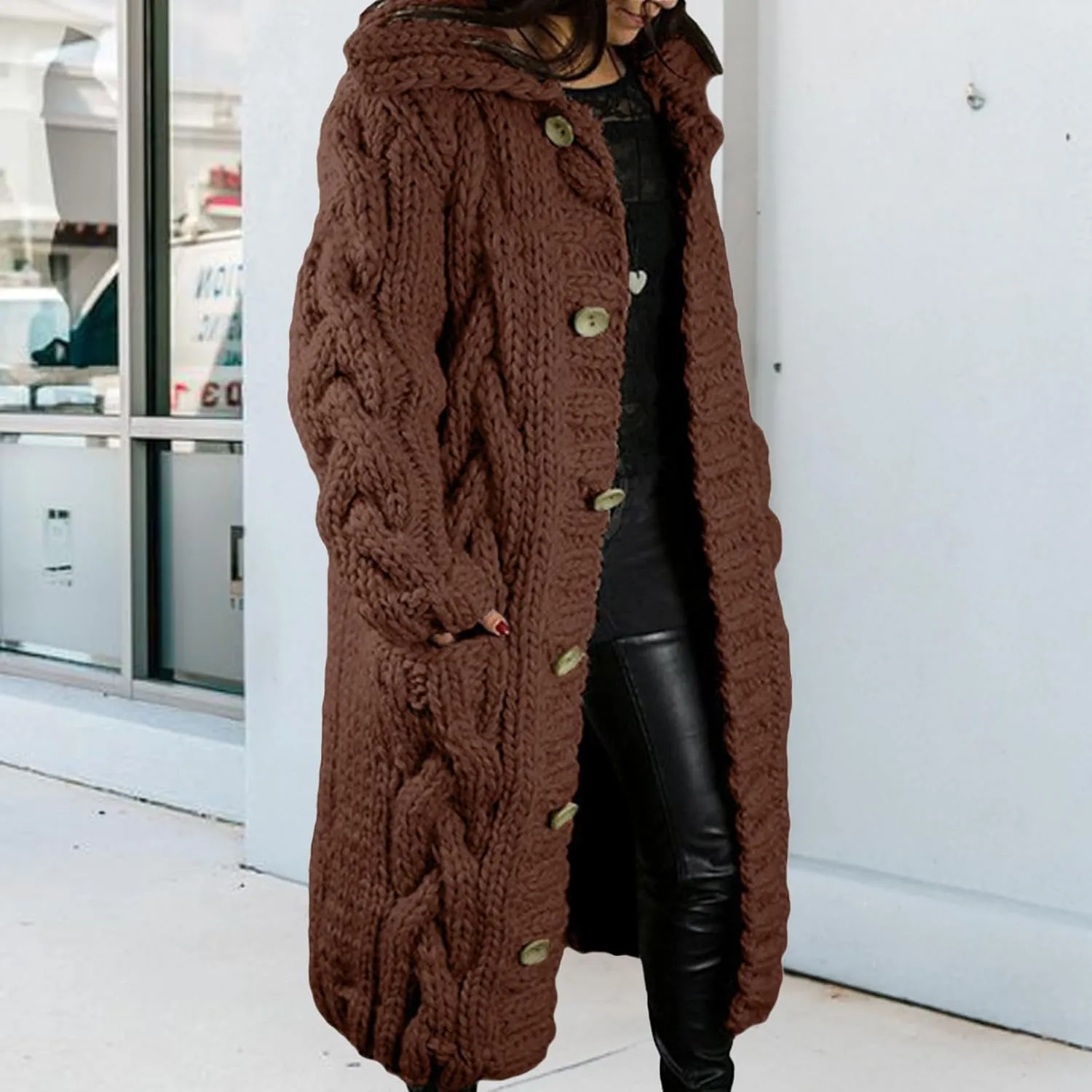 Long Cardigan Sweaters for Womens Fall Cable Knit Casual Coats Long Sleeve Button Open Front Winter Plus Size Sweater