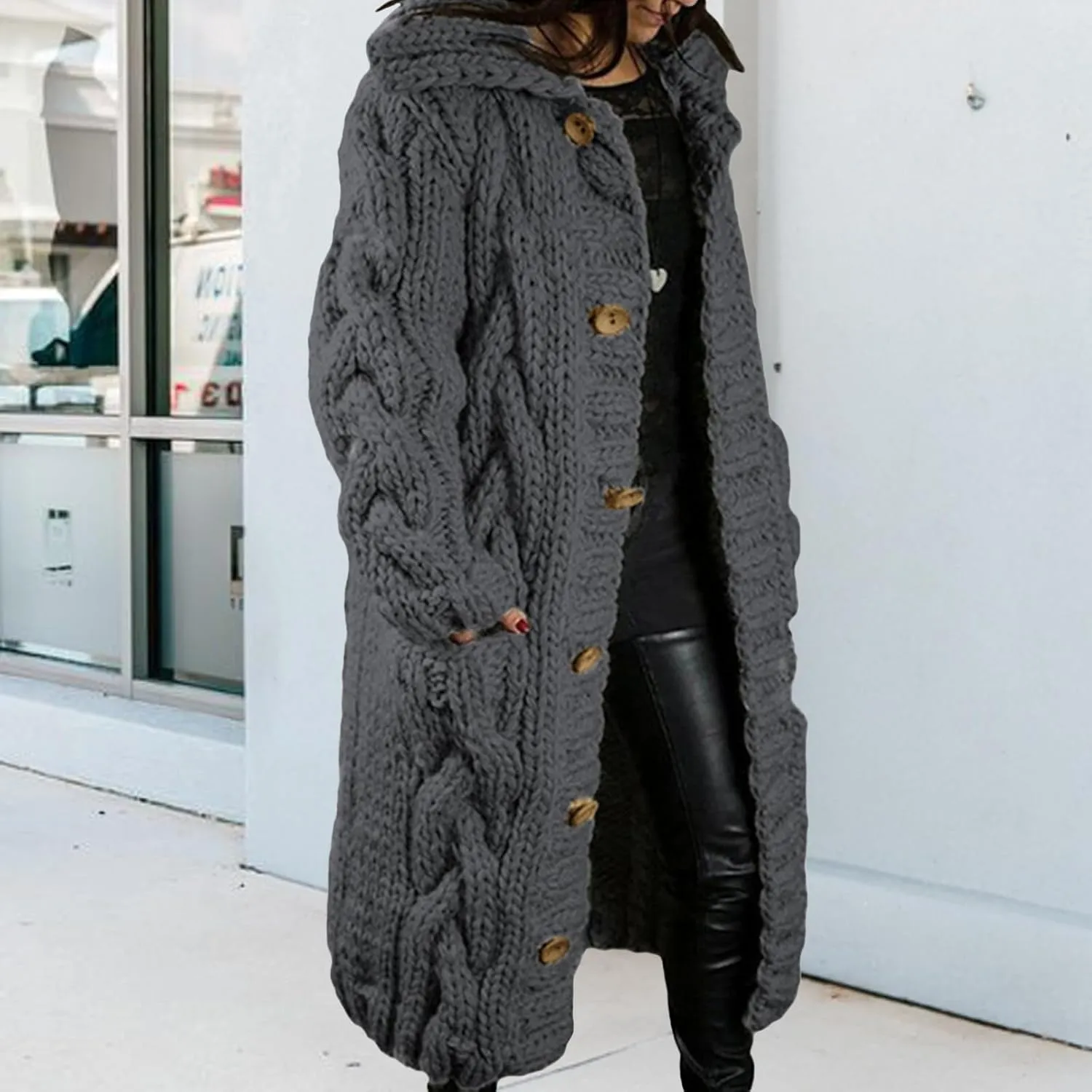 Long Cardigan Sweaters for Womens Fall Cable Knit Casual Coats Long Sleeve Button Open Front Winter Plus Size Sweater