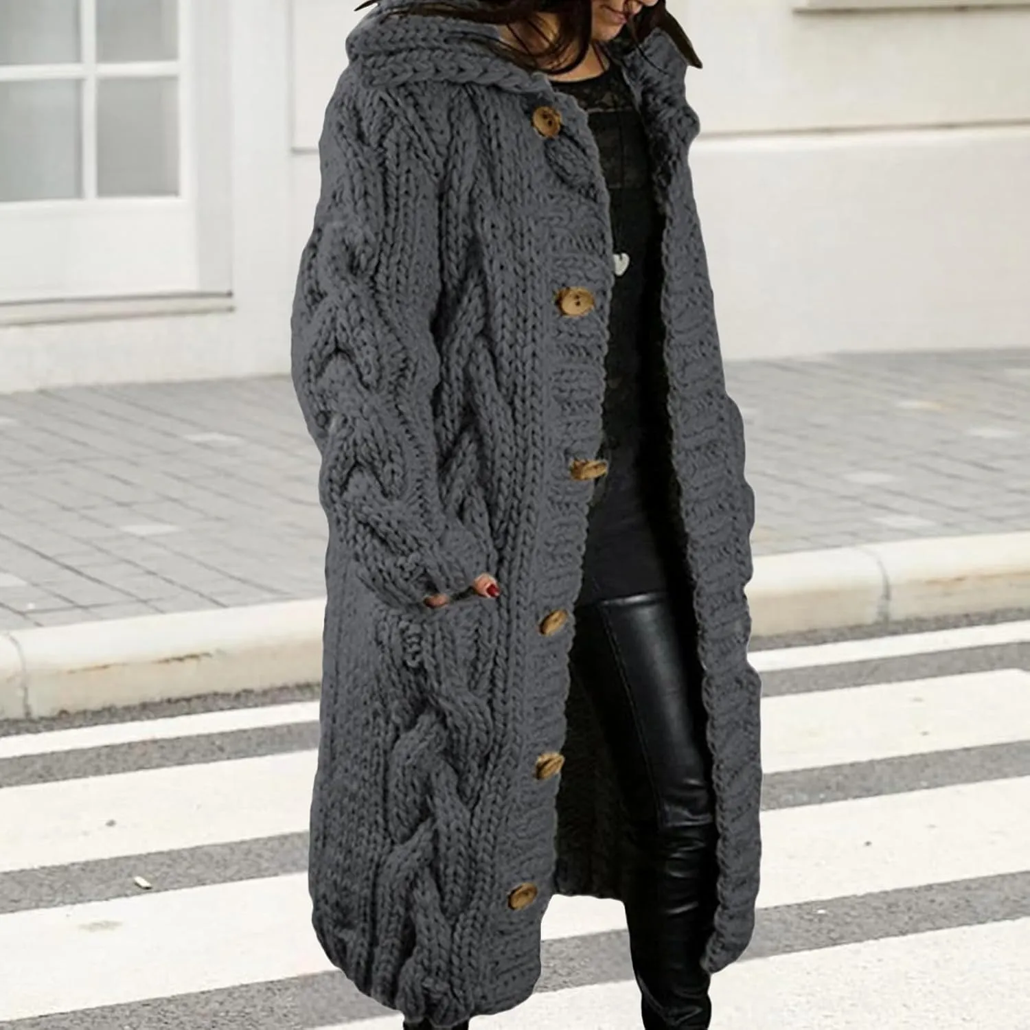 Long Cardigan Sweaters for Womens Fall Cable Knit Casual Coats Long Sleeve Button Open Front Winter Plus Size Sweater