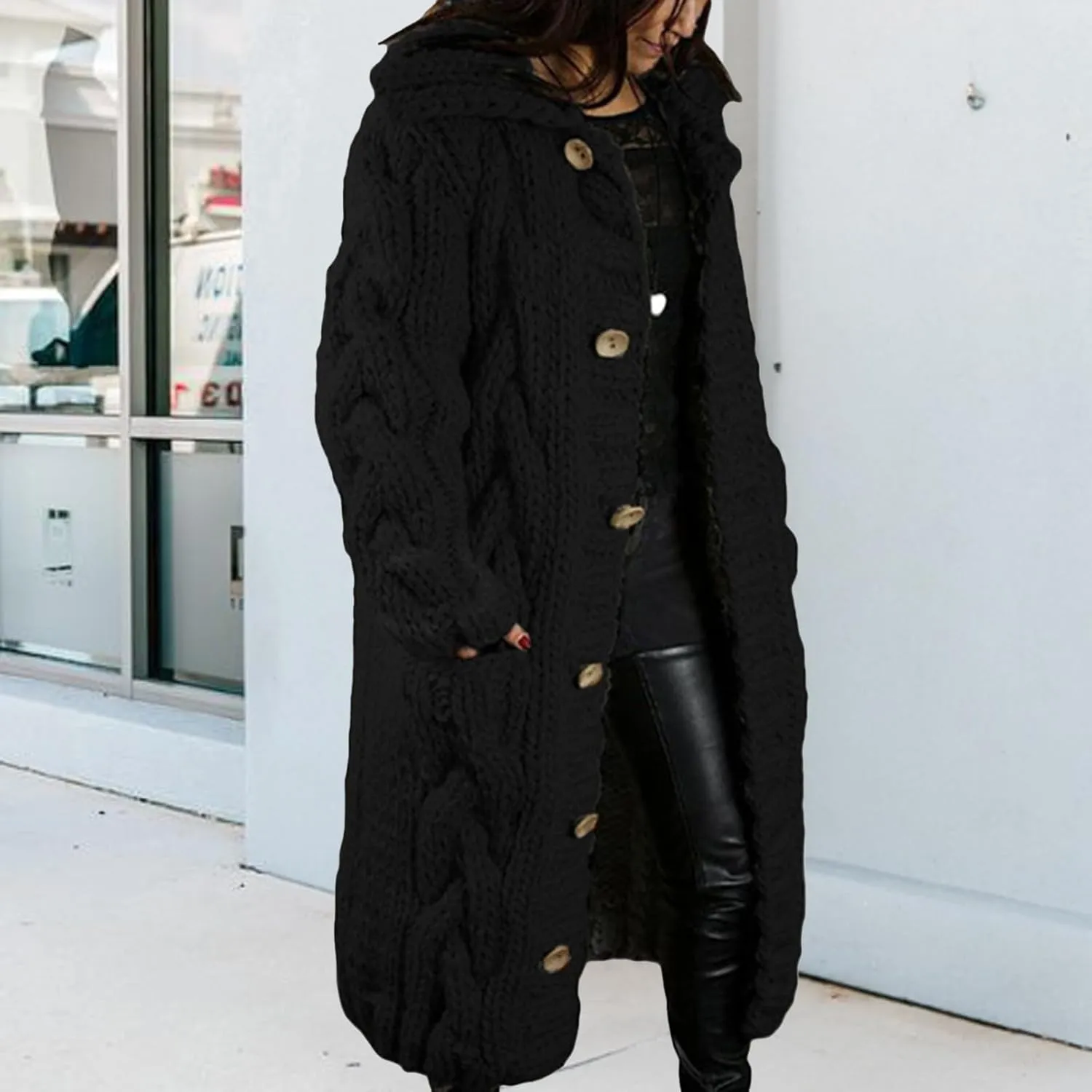 Long Cardigan Sweaters for Womens Fall Cable Knit Casual Coats Long Sleeve Button Open Front Winter Plus Size Sweater