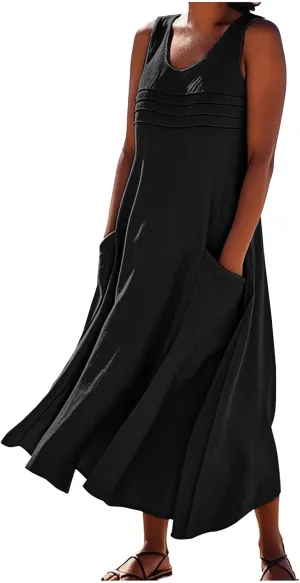 Long Cotton Linen Dresses for Women Sleeveless Striped Printed Plain Sundress Swing Hem Maxi Dress with Pockets