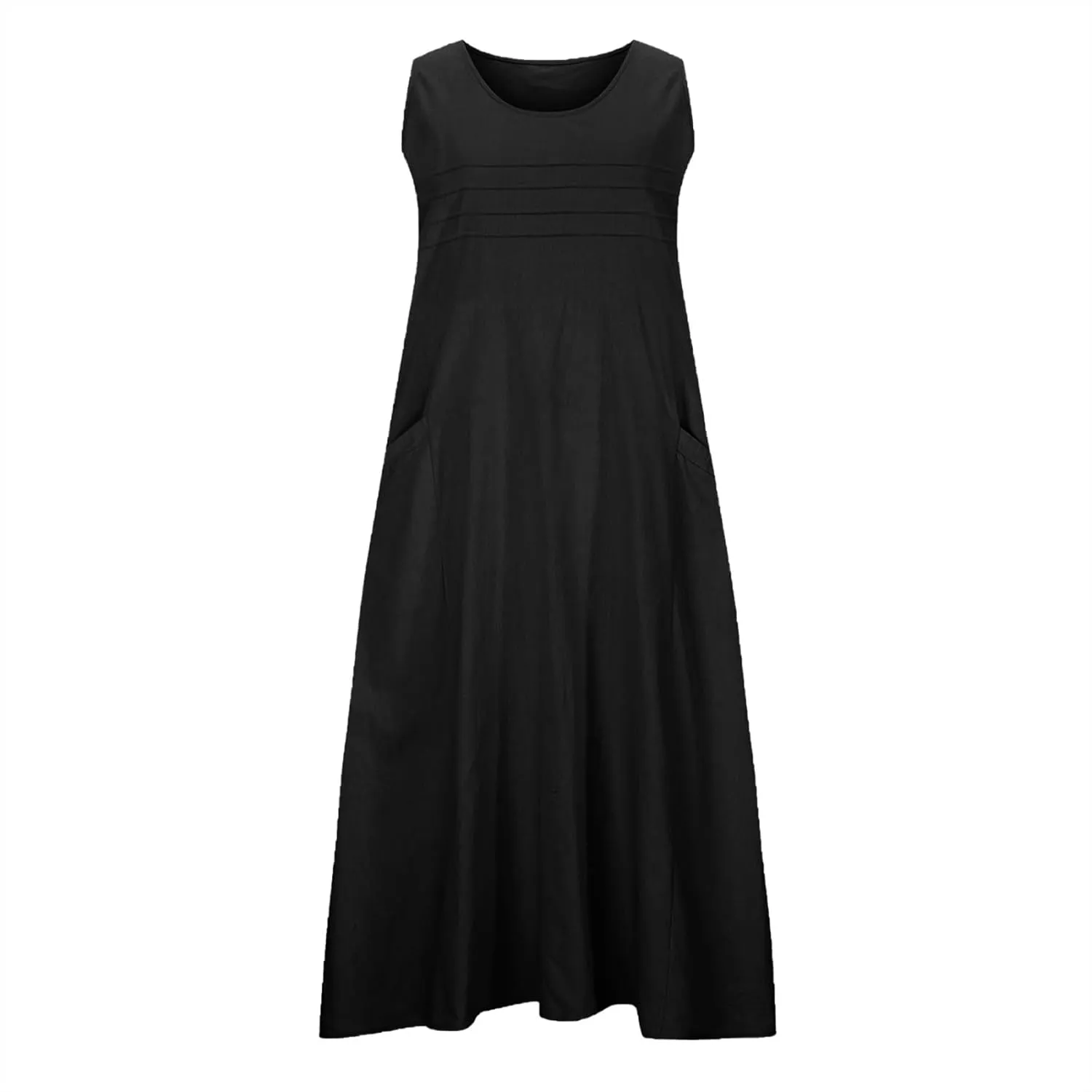Long Cotton Linen Dresses for Women Sleeveless Striped Printed Plain Sundress Swing Hem Maxi Dress with Pockets