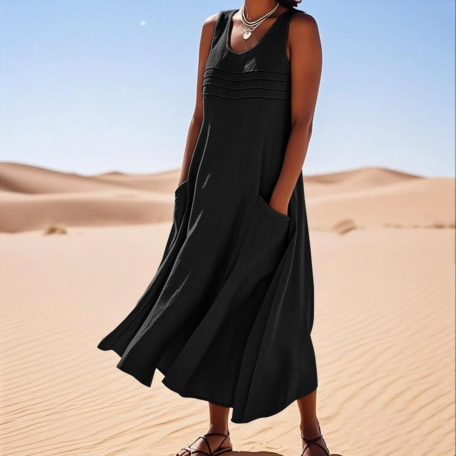 Long Cotton Linen Dresses for Women Sleeveless Striped Printed Plain Sundress Swing Hem Maxi Dress with Pockets