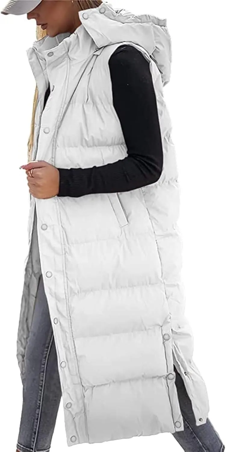 Long Puffer Vest for Women Puffy Zipper Plus Size Down Sleeveless Jacket Oversized Winter Warm Coat