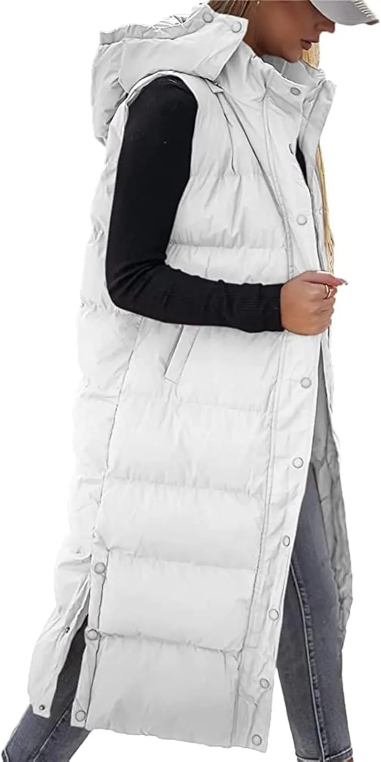 Long Puffer Vest for Women Puffy Zipper Plus Size Down Sleeveless Jacket Oversized Winter Warm Coat