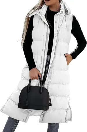 Long Puffer Vest for Women Puffy Zipper Plus Size Down Sleeveless Jacket Oversized Winter Warm Coat