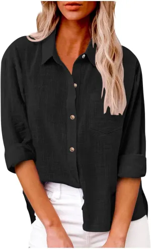 Long Sleeve Button Down Shirts for Women Plus Size Cotton Linen Business Casual Tops Fall Fashion Blouses 2023