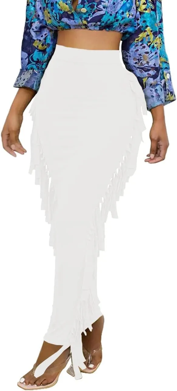 Lrady Women's Elastic Waist Slim Bodycon Side Tassels Long Maxi Pencil Skirts