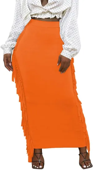 Lrady Women's Elastic Waist Slim Bodycon Side Tassels Long Maxi Pencil Skirts