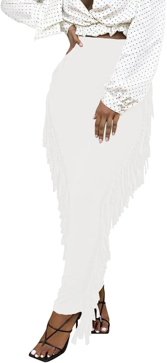 Lrady Women's Elastic Waist Slim Bodycon Side Tassels Long Maxi Pencil Skirts