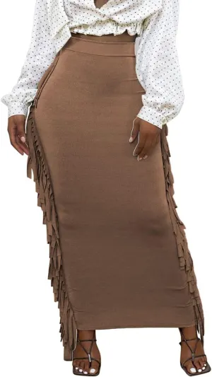 Lrady Women's Elastic Waist Slim Bodycon Side Tassels Long Maxi Pencil Skirts