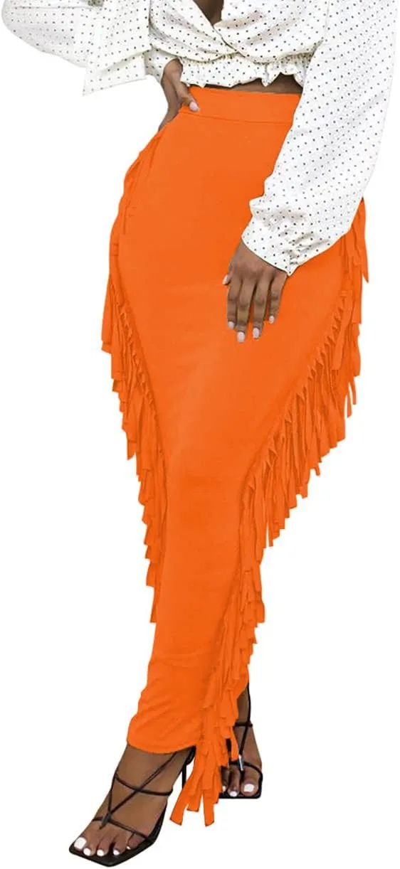 Lrady Women's Elastic Waist Slim Bodycon Side Tassels Long Maxi Pencil Skirts