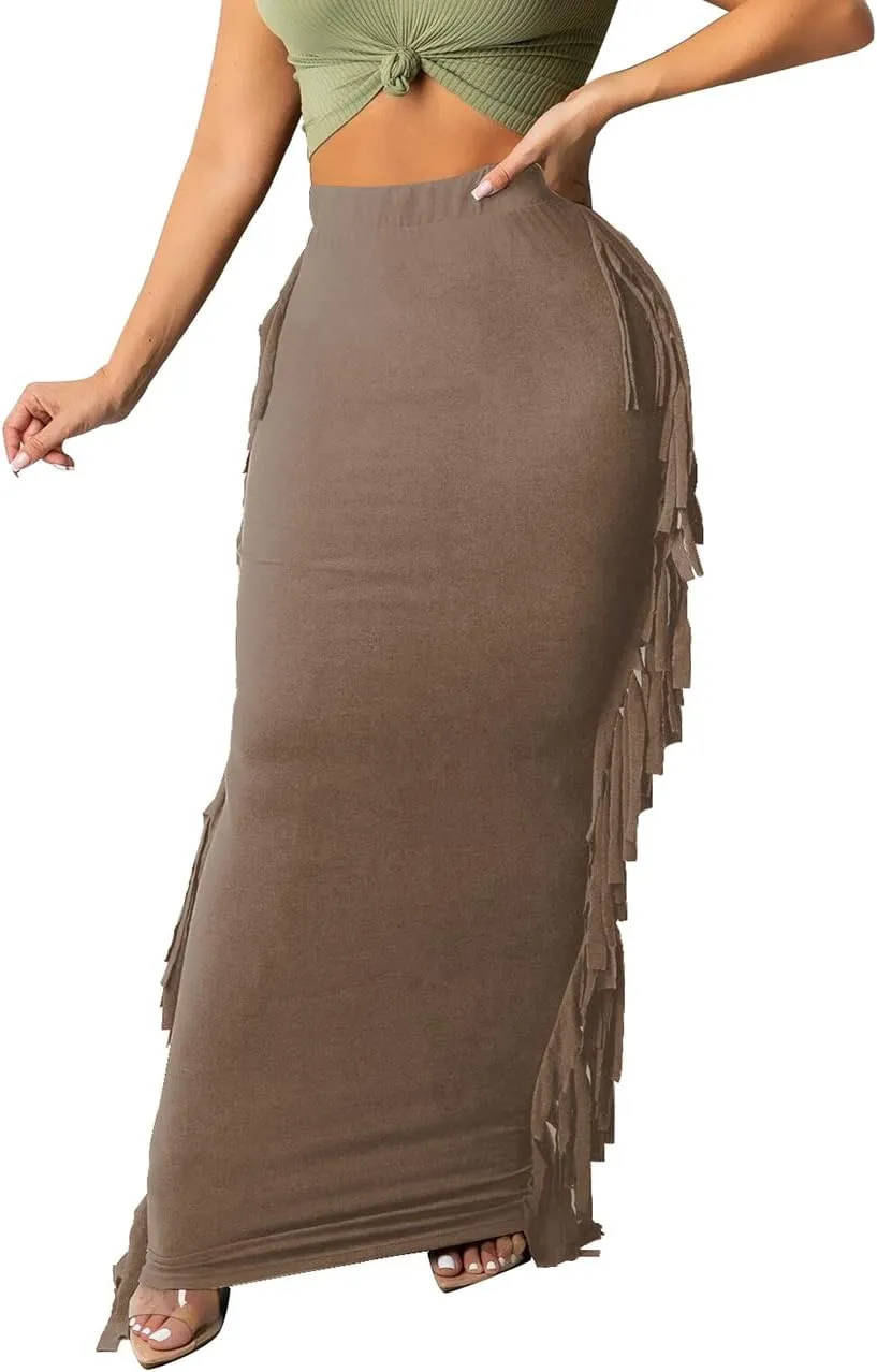 Lrady Women's Elastic Waist Slim Bodycon Side Tassels Long Maxi Pencil Skirts