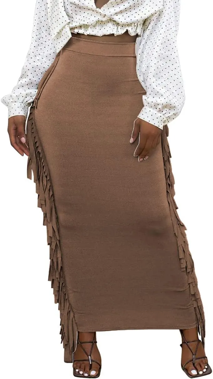 Lrady Women's Elastic Waist Slim Bodycon Side Tassels Long Maxi Pencil Skirts