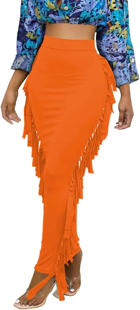 Lrady Women's Elastic Waist Slim Bodycon Side Tassels Long Maxi Pencil Skirts