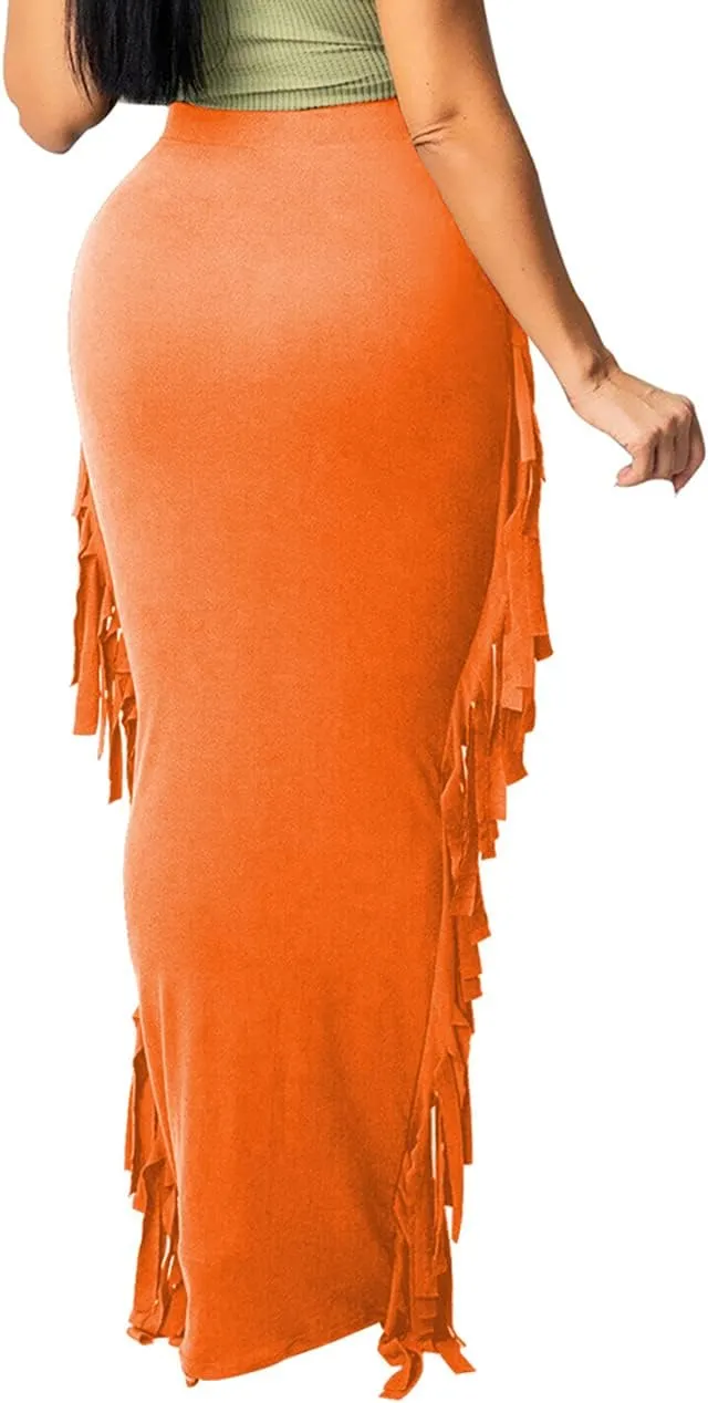 Lrady Women's Elastic Waist Slim Bodycon Side Tassels Long Maxi Pencil Skirts