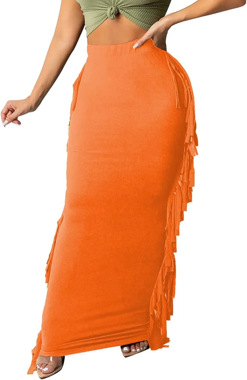 Lrady Women's Elastic Waist Slim Bodycon Side Tassels Long Maxi Pencil Skirts