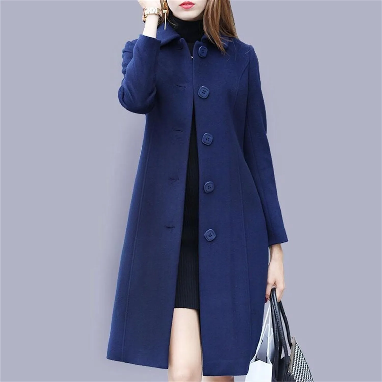 Maiyifu-GJ Women's Elegant Single Breasted Long Wool Blend Overcoat Fall Winter Lapel Trench Coat Jackets Casual Coats