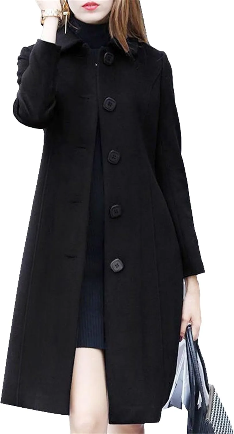 Maiyifu-GJ Women's Elegant Single Breasted Long Wool Blend Overcoat Fall Winter Lapel Trench Coat Jackets Casual Coats