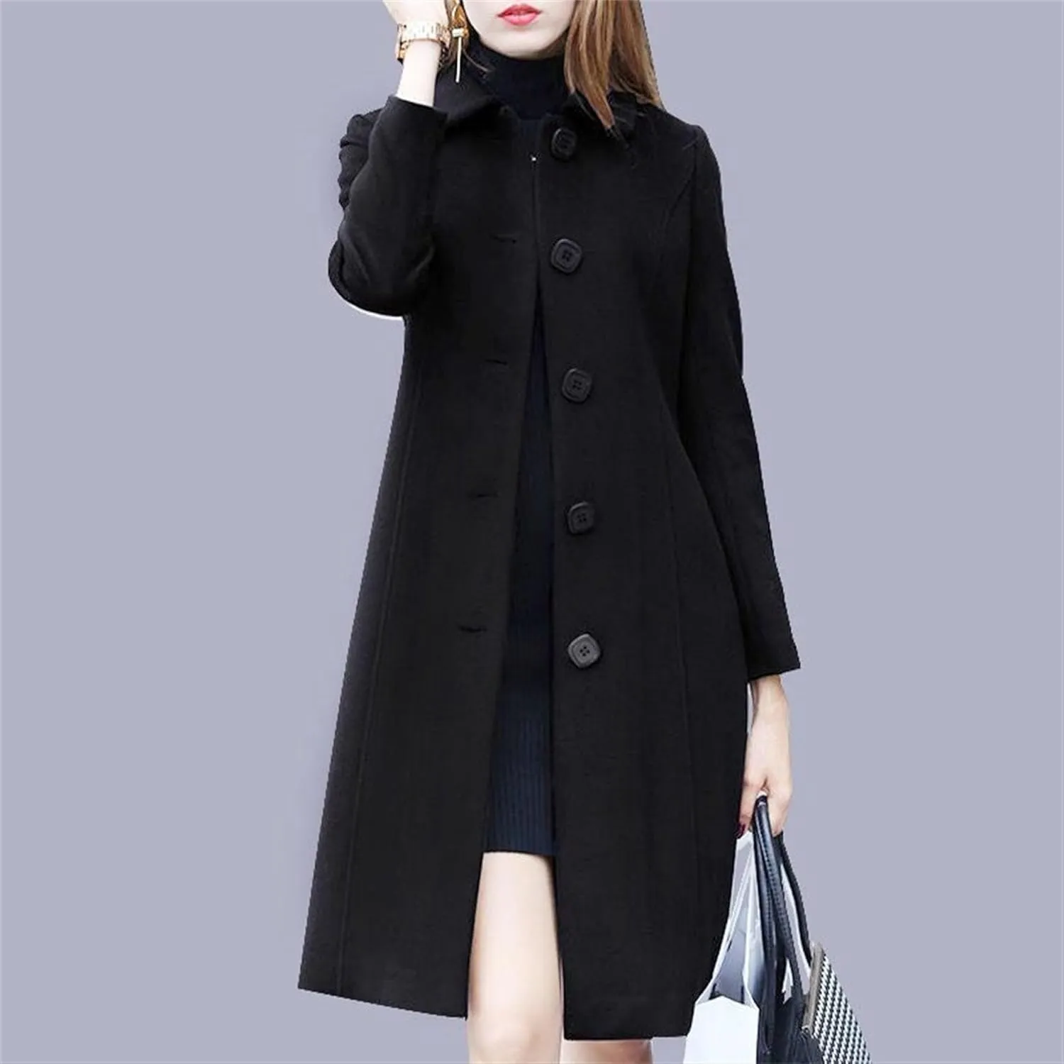 Maiyifu-GJ Women's Elegant Single Breasted Long Wool Blend Overcoat Fall Winter Lapel Trench Coat Jackets Casual Coats