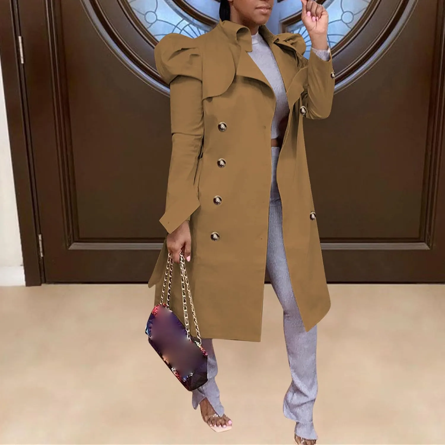 Maiyifu-GJ Womens Mid Length Overcoats Notched Lapel Double Breasted Coat Spring Fall Trench Coat Windbreaker Outerwear