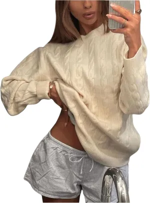 MakeMeChic Women's Mock Neck Cable Knit Sweater Long Sleeve Drop Shoulder Plain Knitted Pullovers Top