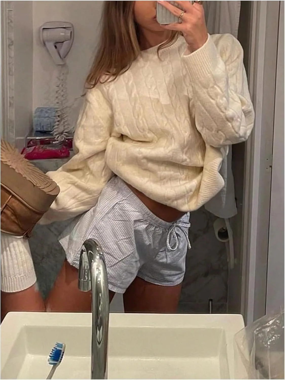 MakeMeChic Women's Mock Neck Cable Knit Sweater Long Sleeve Drop Shoulder Plain Knitted Pullovers Top