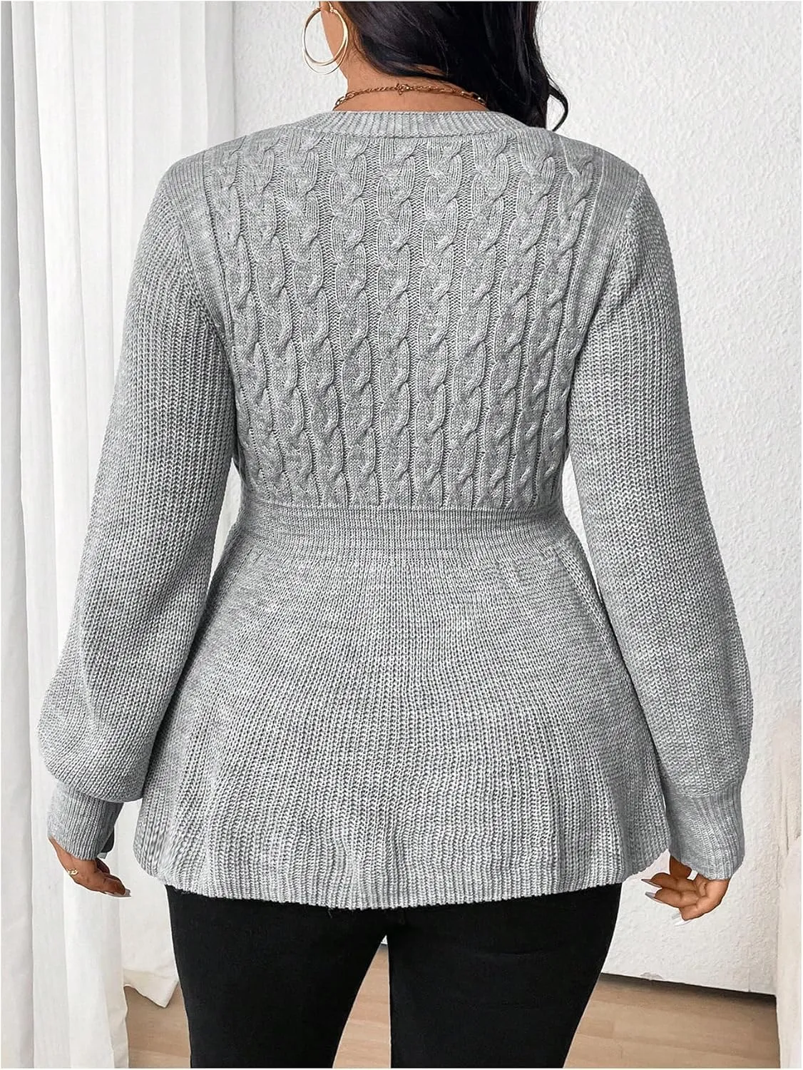 MakeMeChic Women's Plus Size Lantern Sleeve Sweater V Neck Cable Knit Flared Hem Knitted Pullovers Top