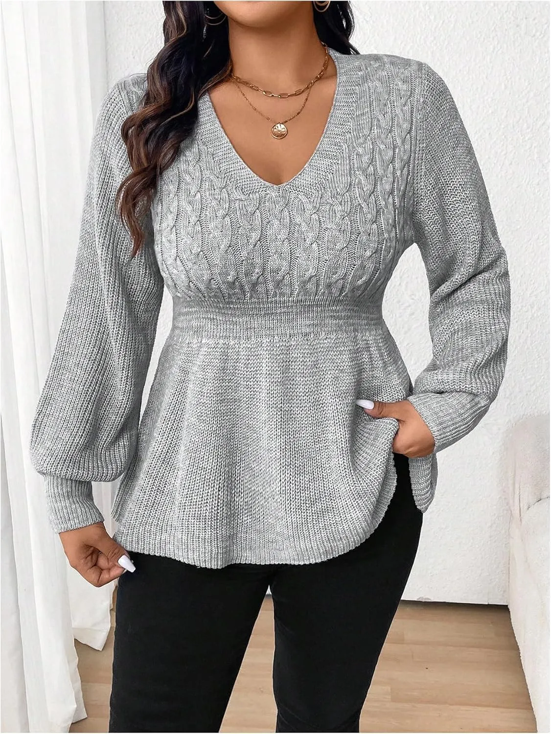 MakeMeChic Women's Plus Size Lantern Sleeve Sweater V Neck Cable Knit Flared Hem Knitted Pullovers Top