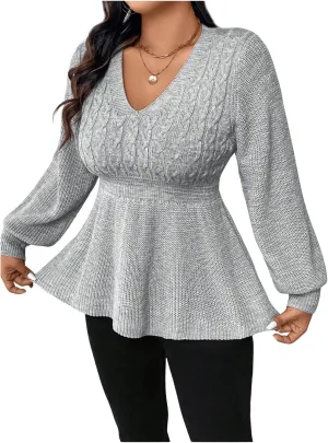 MakeMeChic Women's Plus Size Lantern Sleeve Sweater V Neck Cable Knit Flared Hem Knitted Pullovers Top