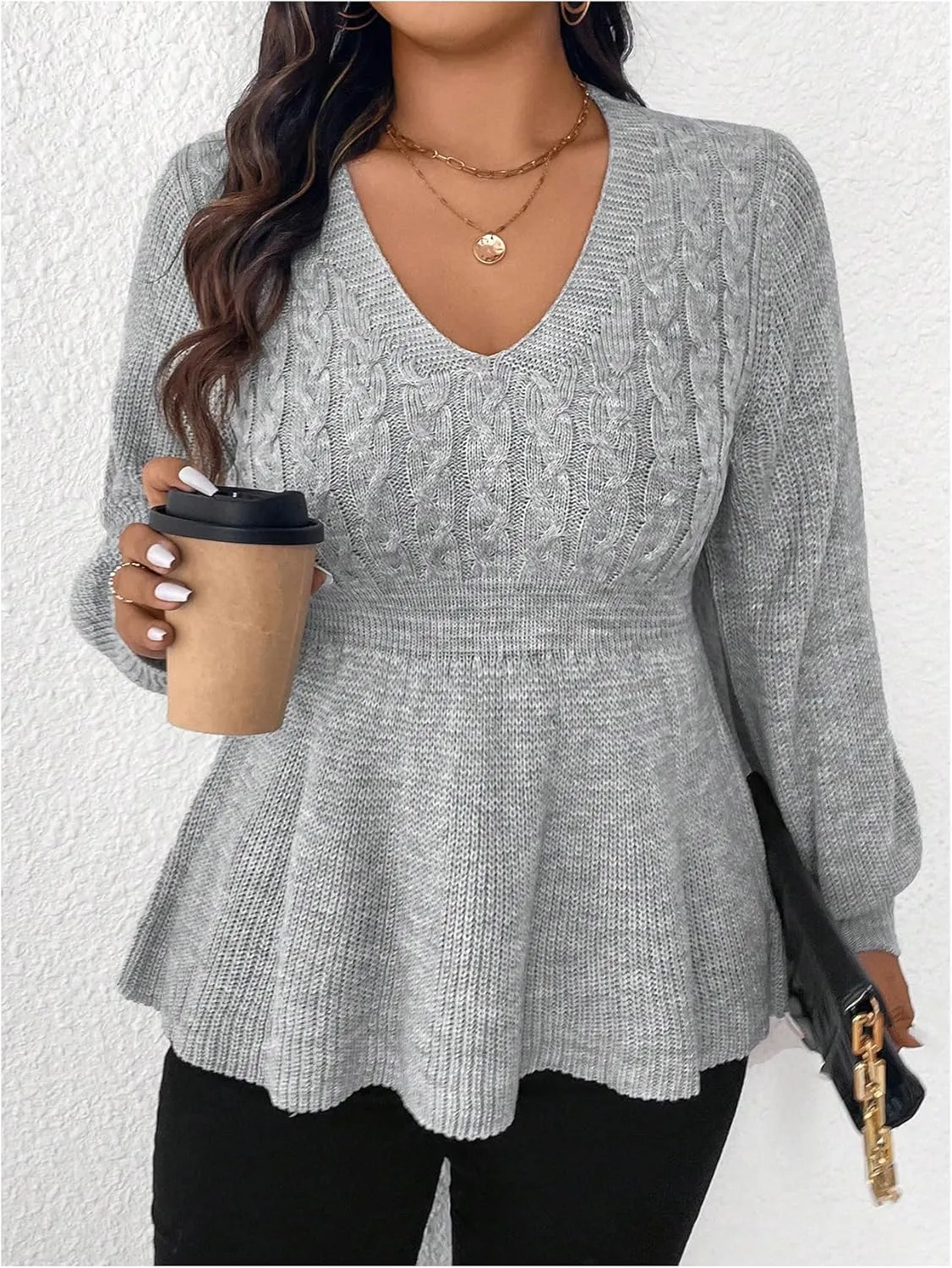 MakeMeChic Women's Plus Size Lantern Sleeve Sweater V Neck Cable Knit Flared Hem Knitted Pullovers Top