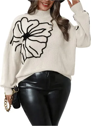 MakeMeChic Women's Plus Size Oversized Sweater Floral Pattern Long Sleeve Turtleneck Knitted Fall Sweaters
