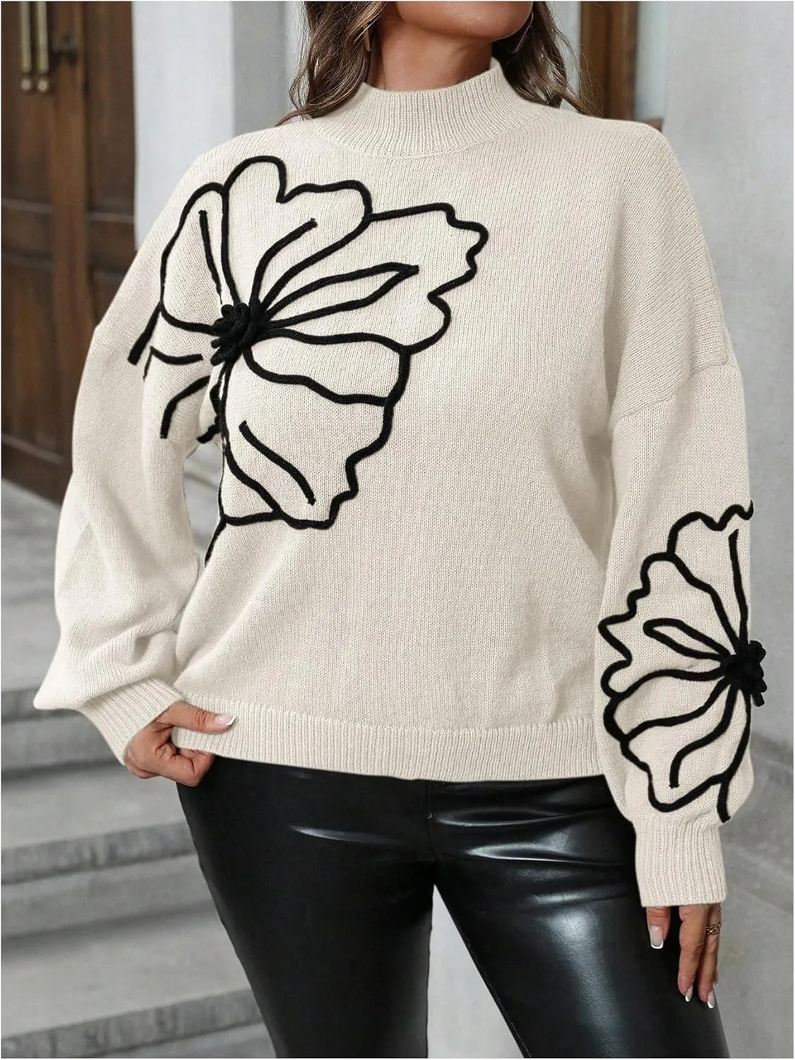 MakeMeChic Women's Plus Size Oversized Sweater Floral Pattern Long Sleeve Turtleneck Knitted Fall Sweaters