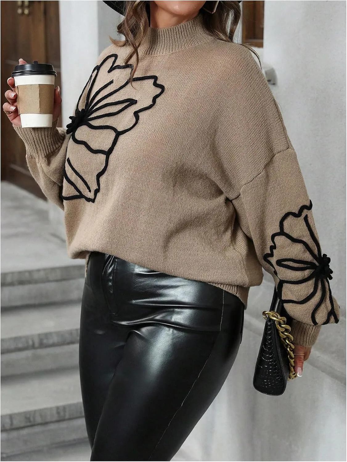 MakeMeChic Women's Plus Size Oversized Sweater Floral Pattern Long Sleeve Turtleneck Knitted Fall Sweaters