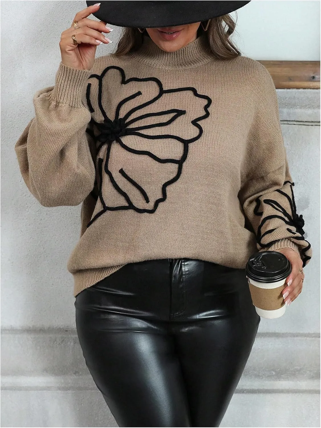 MakeMeChic Women's Plus Size Oversized Sweater Floral Pattern Long Sleeve Turtleneck Knitted Fall Sweaters