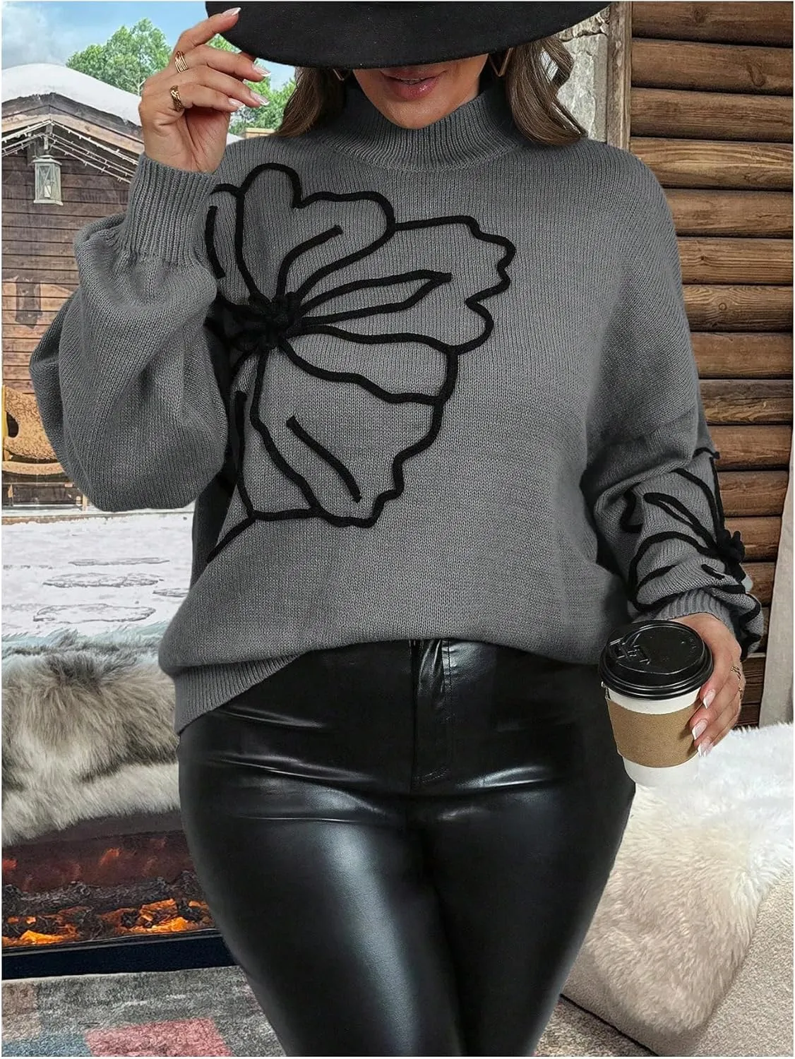 MakeMeChic Women's Plus Size Oversized Sweater Floral Pattern Long Sleeve Turtleneck Knitted Fall Sweaters