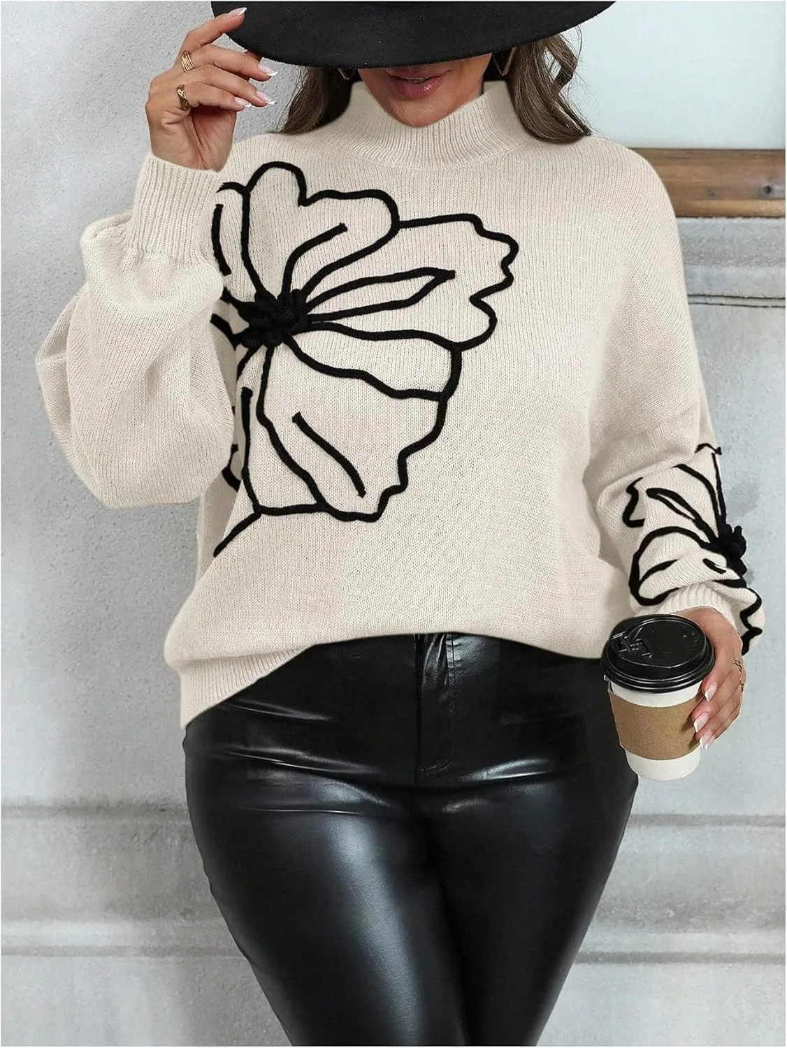 MakeMeChic Women's Plus Size Oversized Sweater Floral Pattern Long Sleeve Turtleneck Knitted Fall Sweaters