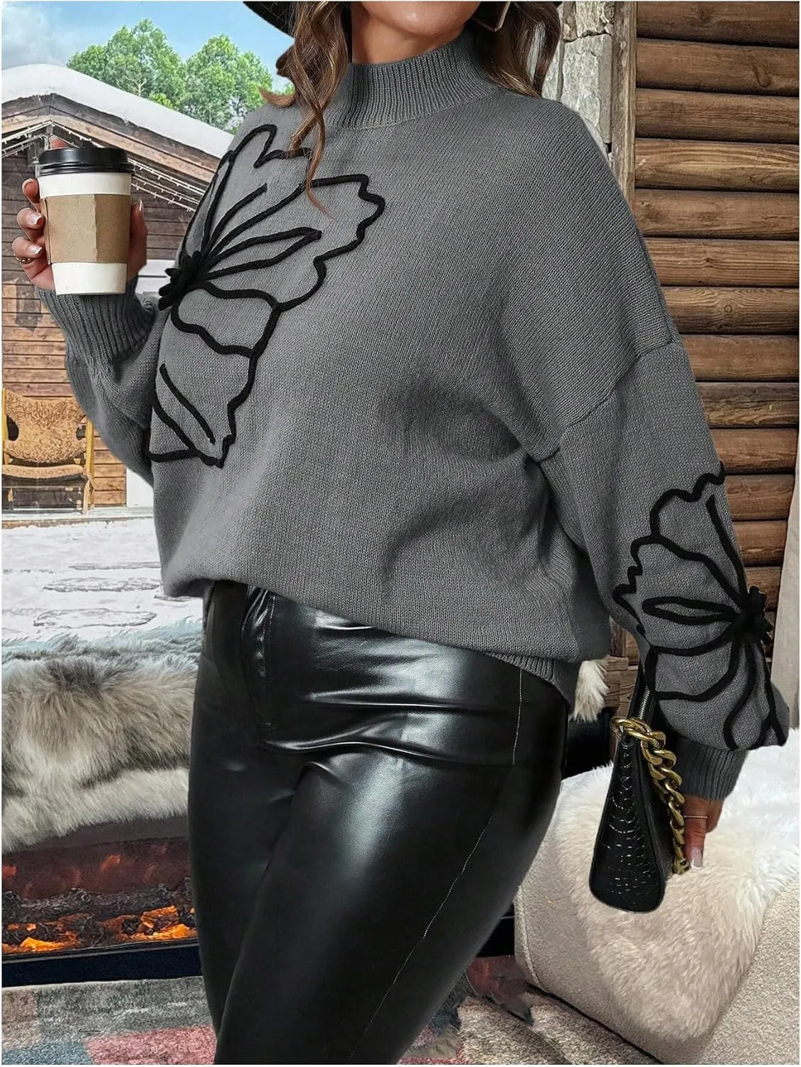 MakeMeChic Women's Plus Size Oversized Sweater Floral Pattern Long Sleeve Turtleneck Knitted Fall Sweaters