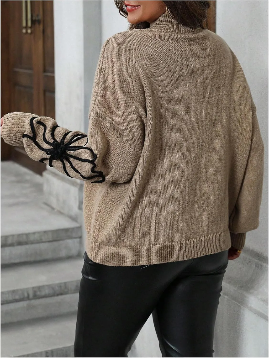 MakeMeChic Women's Plus Size Oversized Sweater Floral Pattern Long Sleeve Turtleneck Knitted Fall Sweaters
