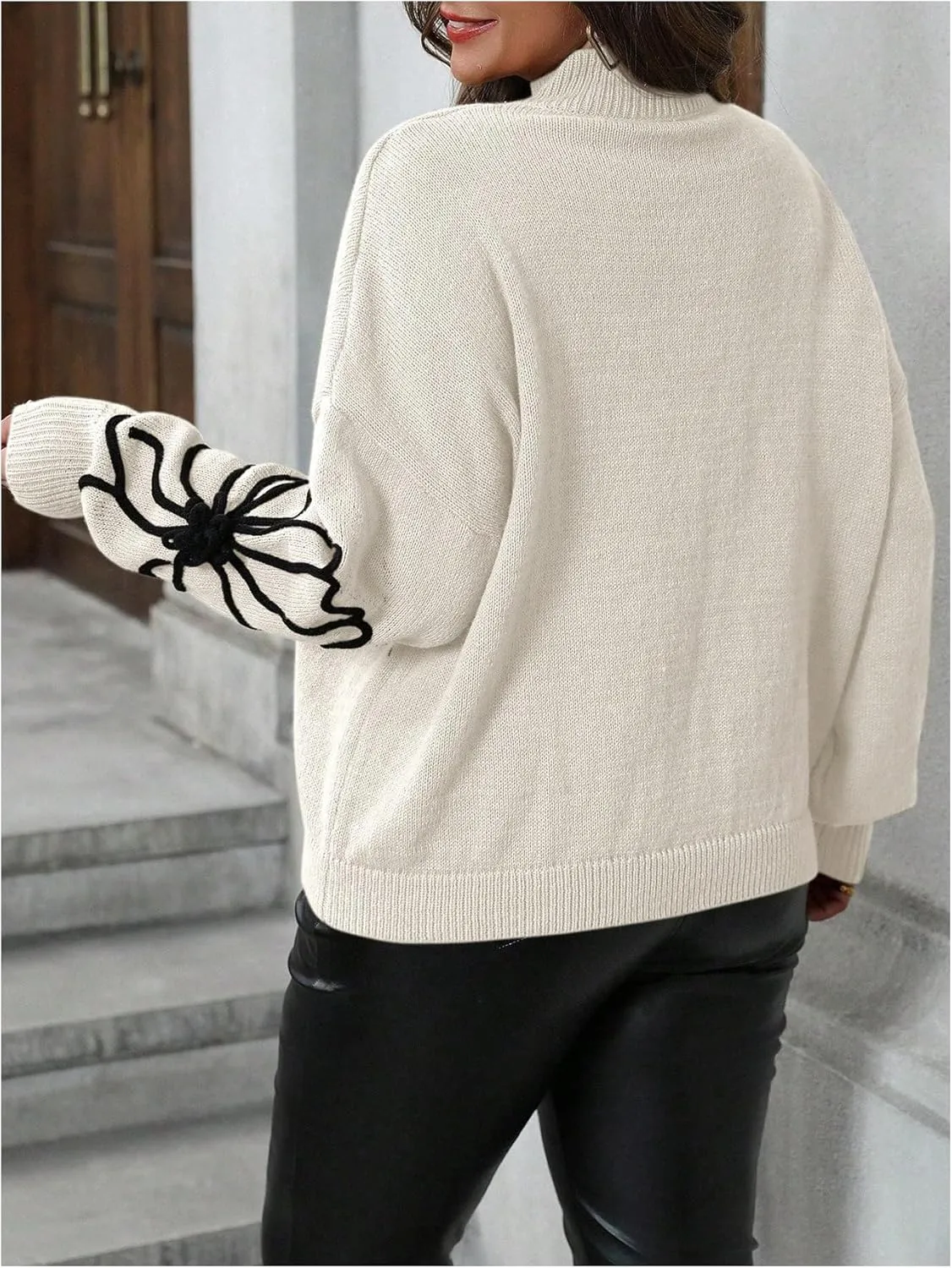 MakeMeChic Women's Plus Size Oversized Sweater Floral Pattern Long Sleeve Turtleneck Knitted Fall Sweaters