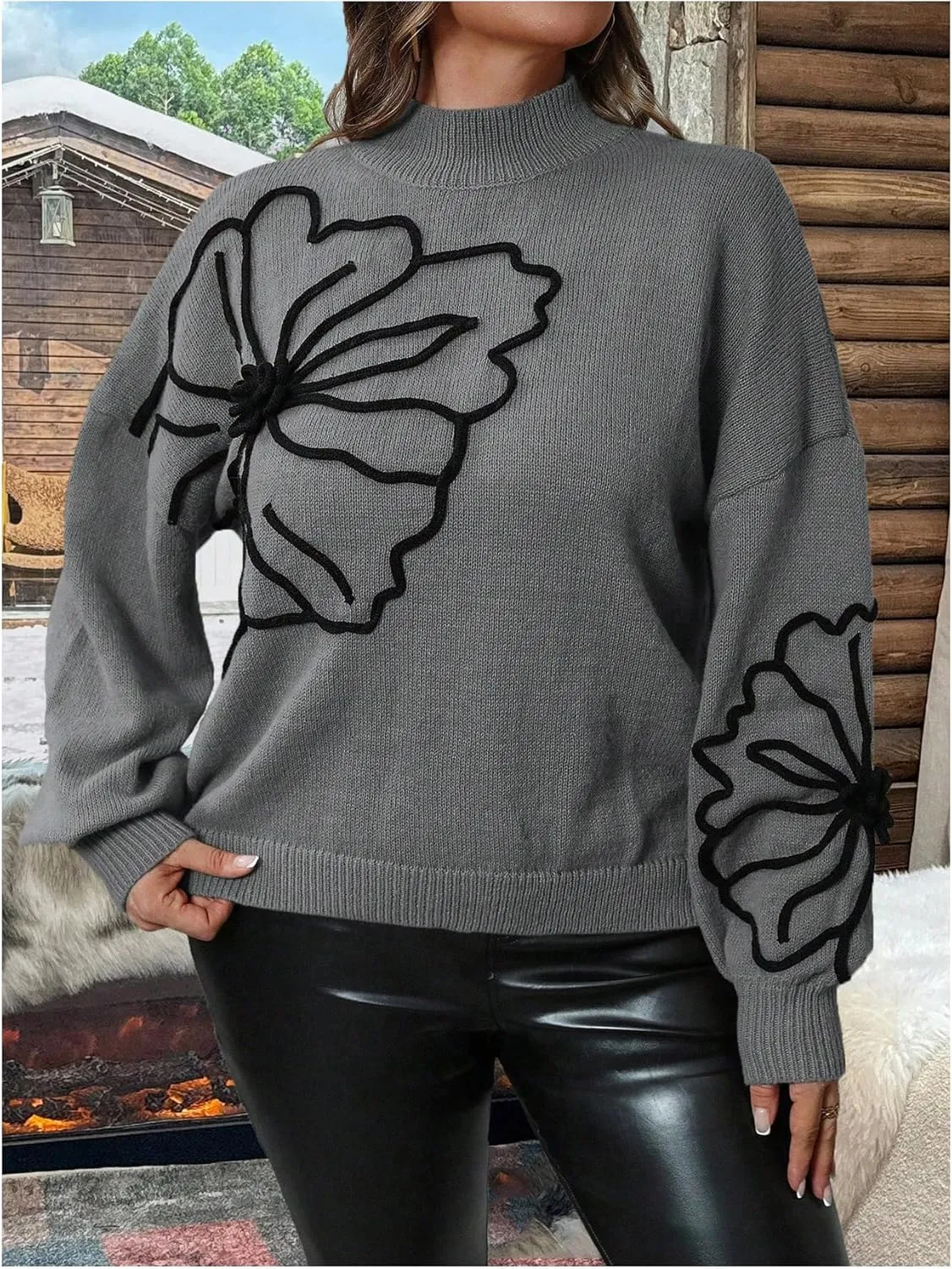 MakeMeChic Women's Plus Size Oversized Sweater Floral Pattern Long Sleeve Turtleneck Knitted Fall Sweaters